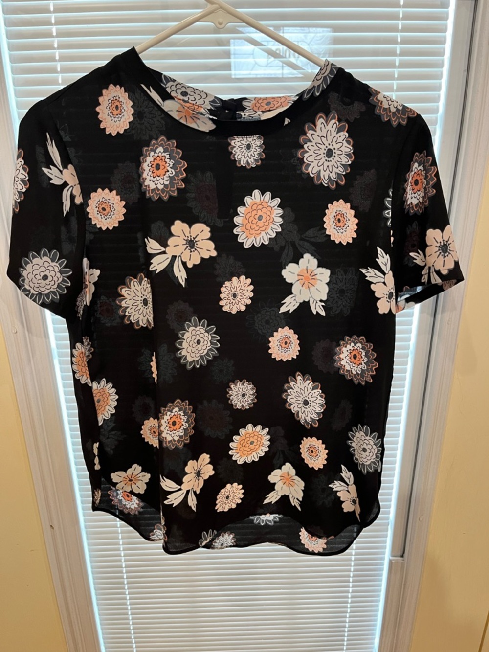 LOFT Black Short-Sleeve Floral Tee with Peach & White Blooms